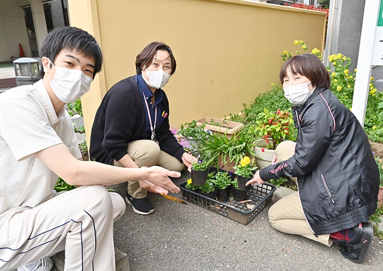 お花茶屋ロイヤルケアセンターの玄関前の花壇